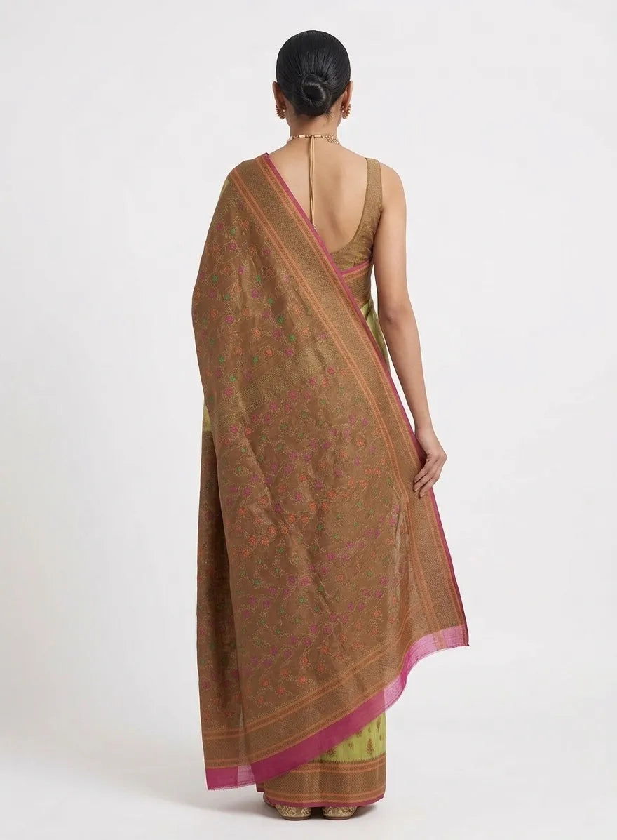 Olive Green & Bronze Silk Blend Woven Design Saree
