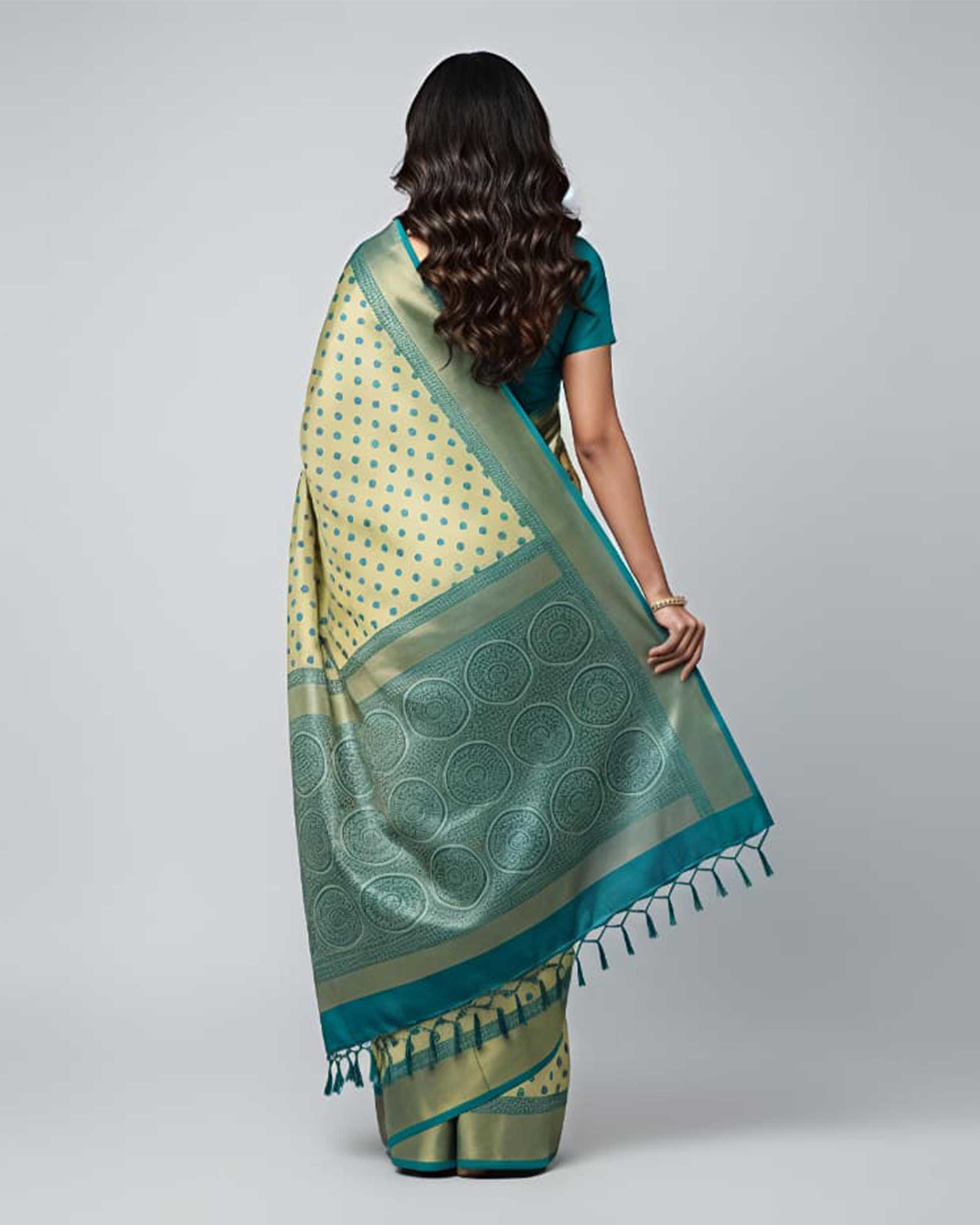 Women Pista Green & Teal Blue Woven Design Zari Kanjeevaram Silk Blend Saree