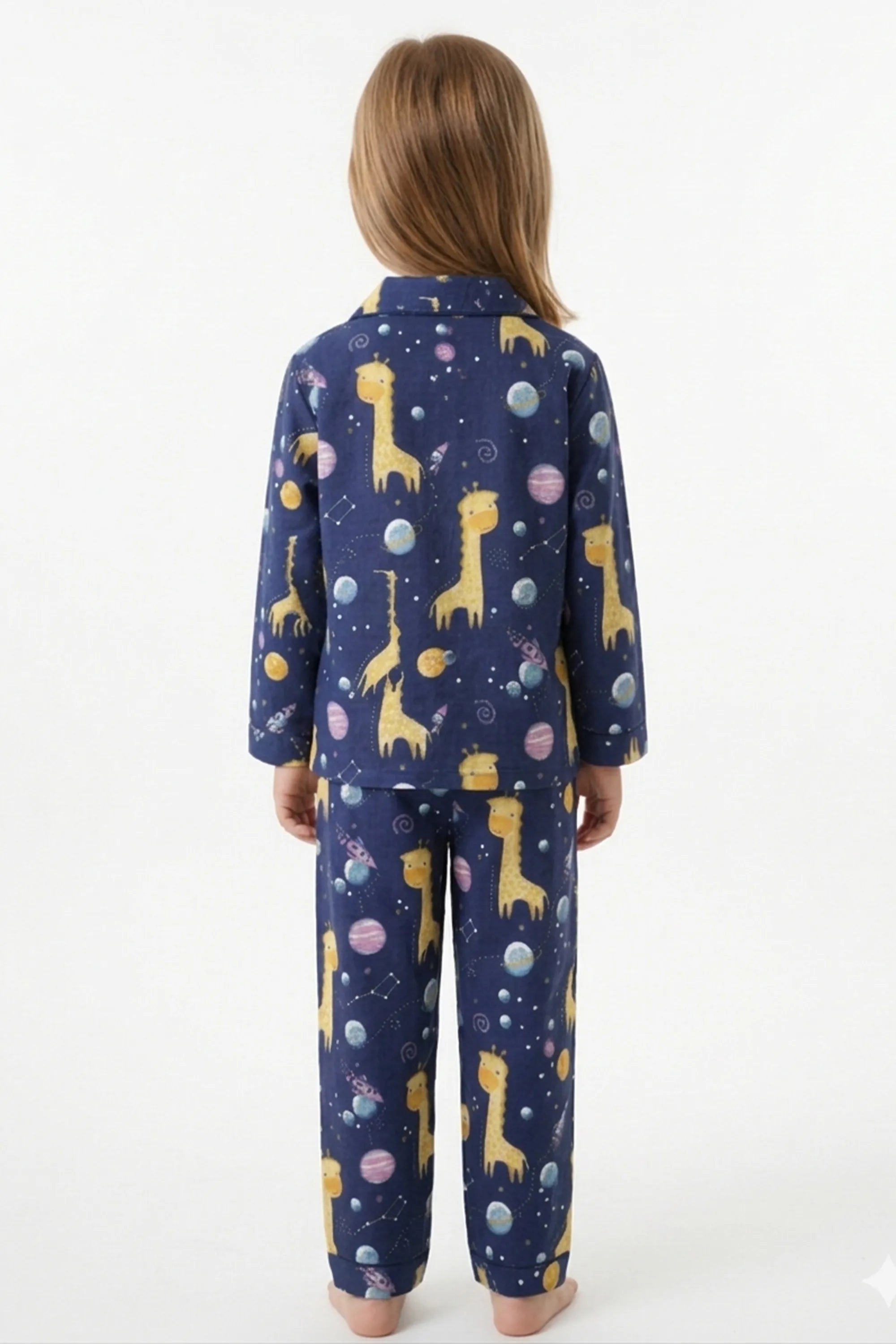 Kids Girls Navy Blue & Yellow Giraffes in Space Printed Night Suit