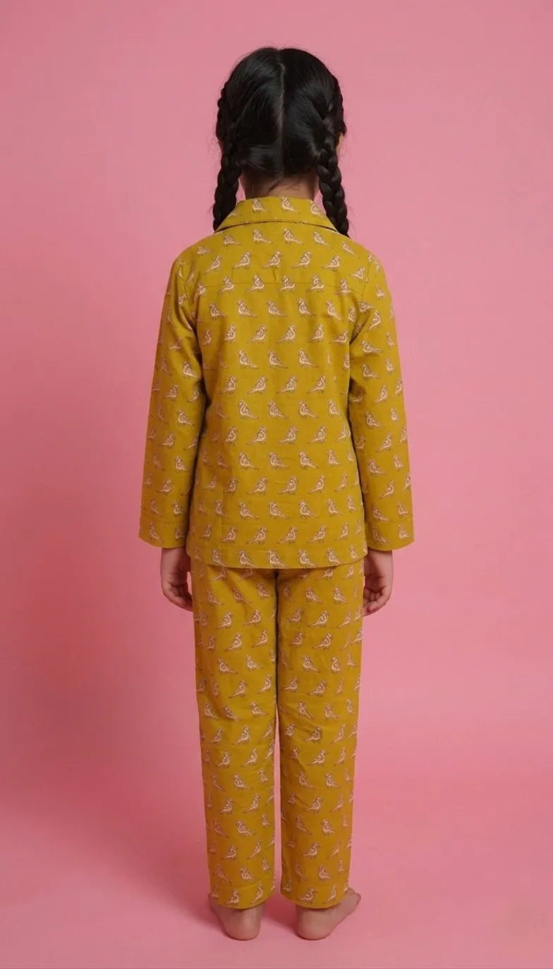 Girls Mustard Yellow & White Bird Print Night Suit