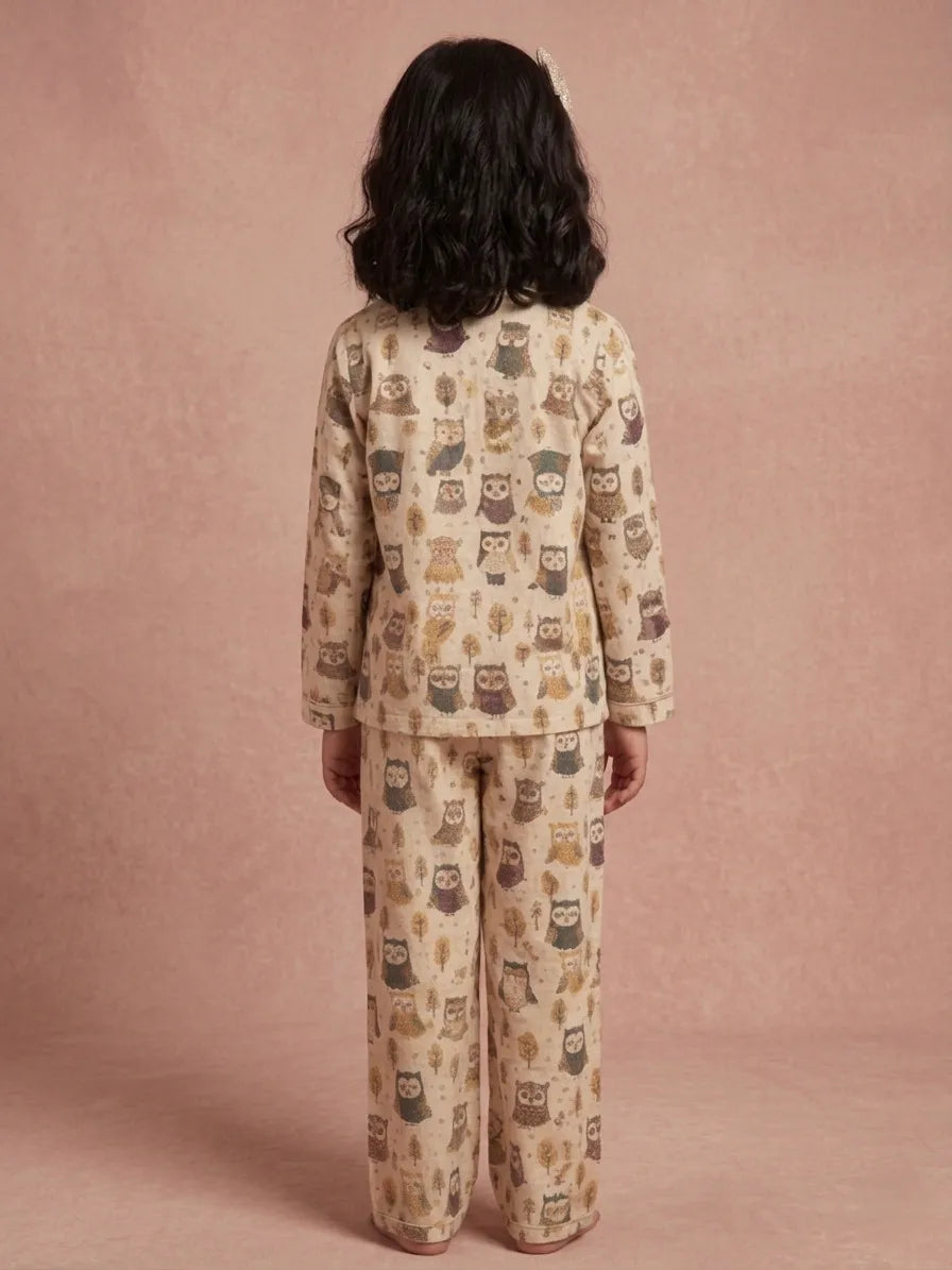 Girls Cream & Brown Owl Print Pure Cotton Night Suit