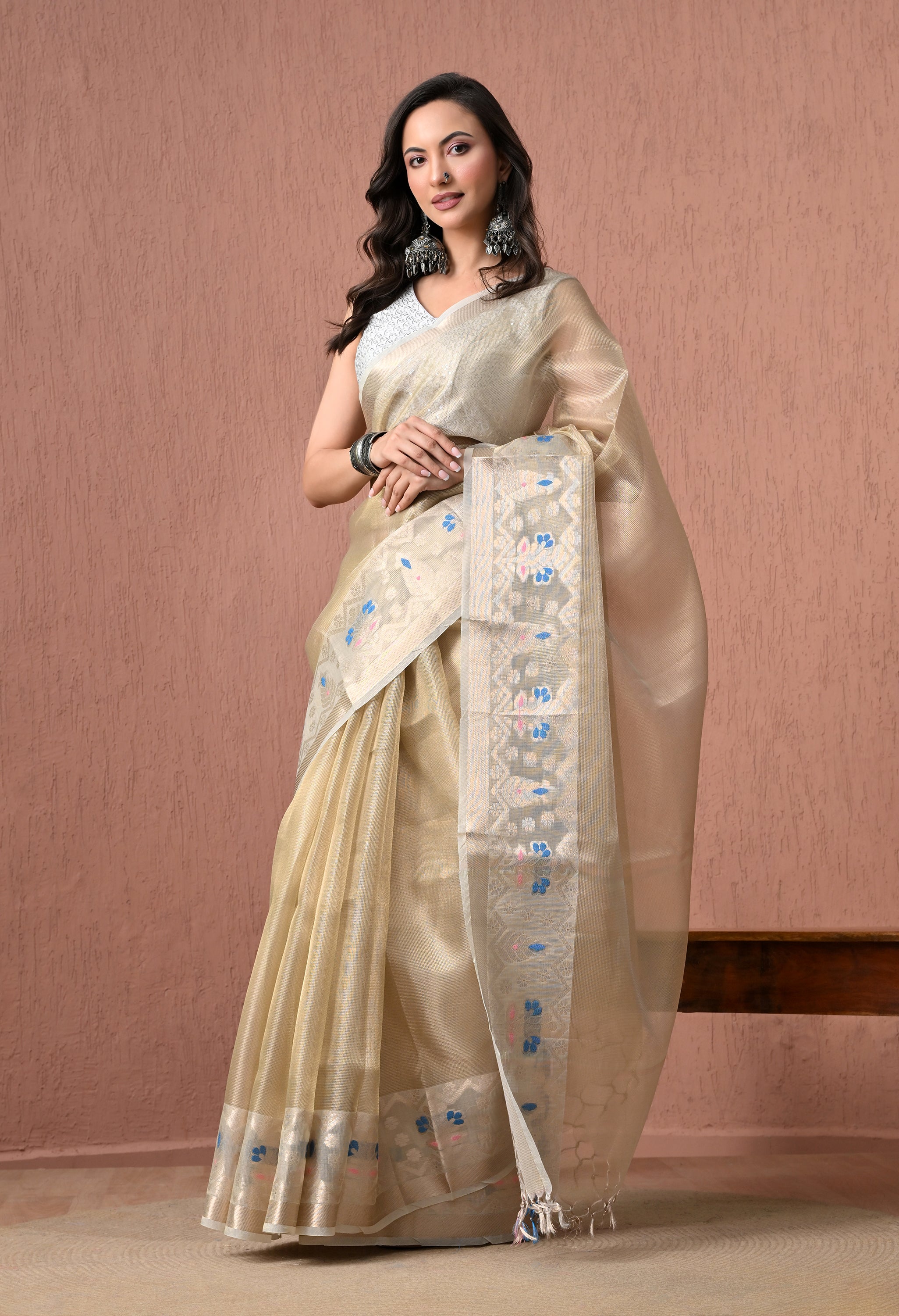 Pure Cotton Saree in Light Golden-Cream with Resham and Silver Zari Jamdani Artistry