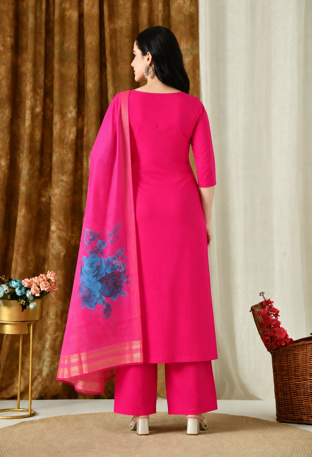 Rani Pink Chanderi Silk Embroidered Suit Set with Blue Floral Organza Dupatta for Women