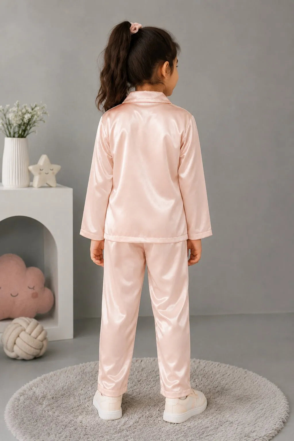Kids' Peach Solid Satin Girls Night Suit