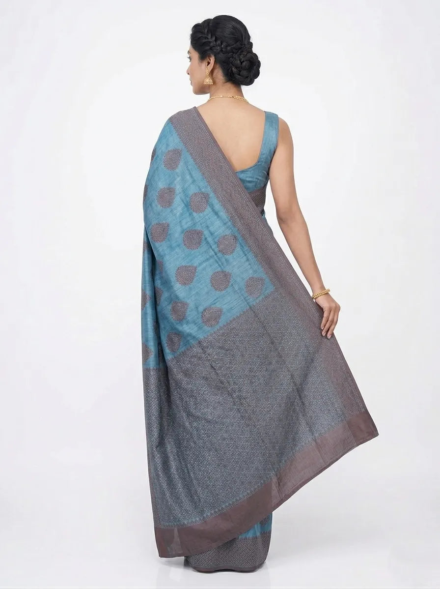 Teal Blue & Bronze-Toned Leaf Woven Design Banarasi Silk Saree with Unstitched Blouse