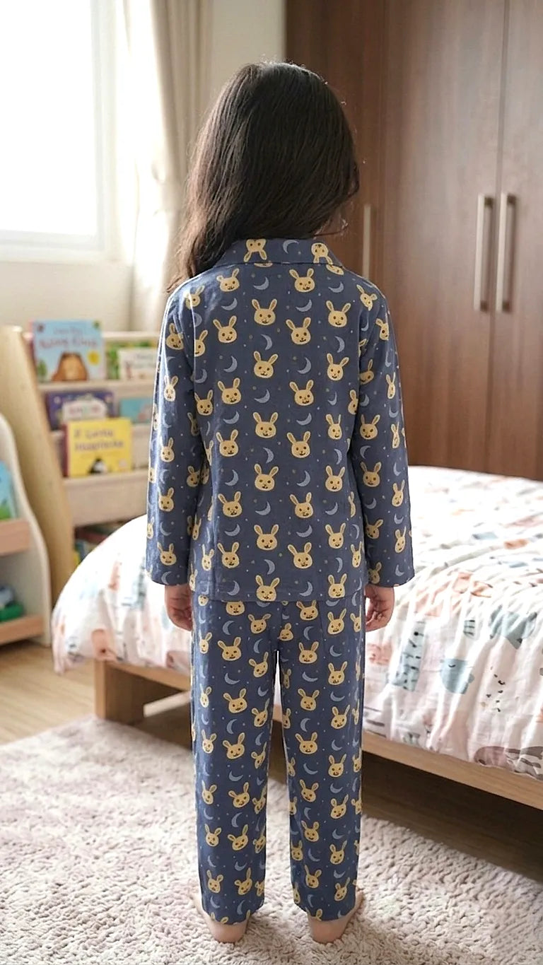 Kids' Pure Cotton Navy Blue Bunny & Moon Print Night Suit
