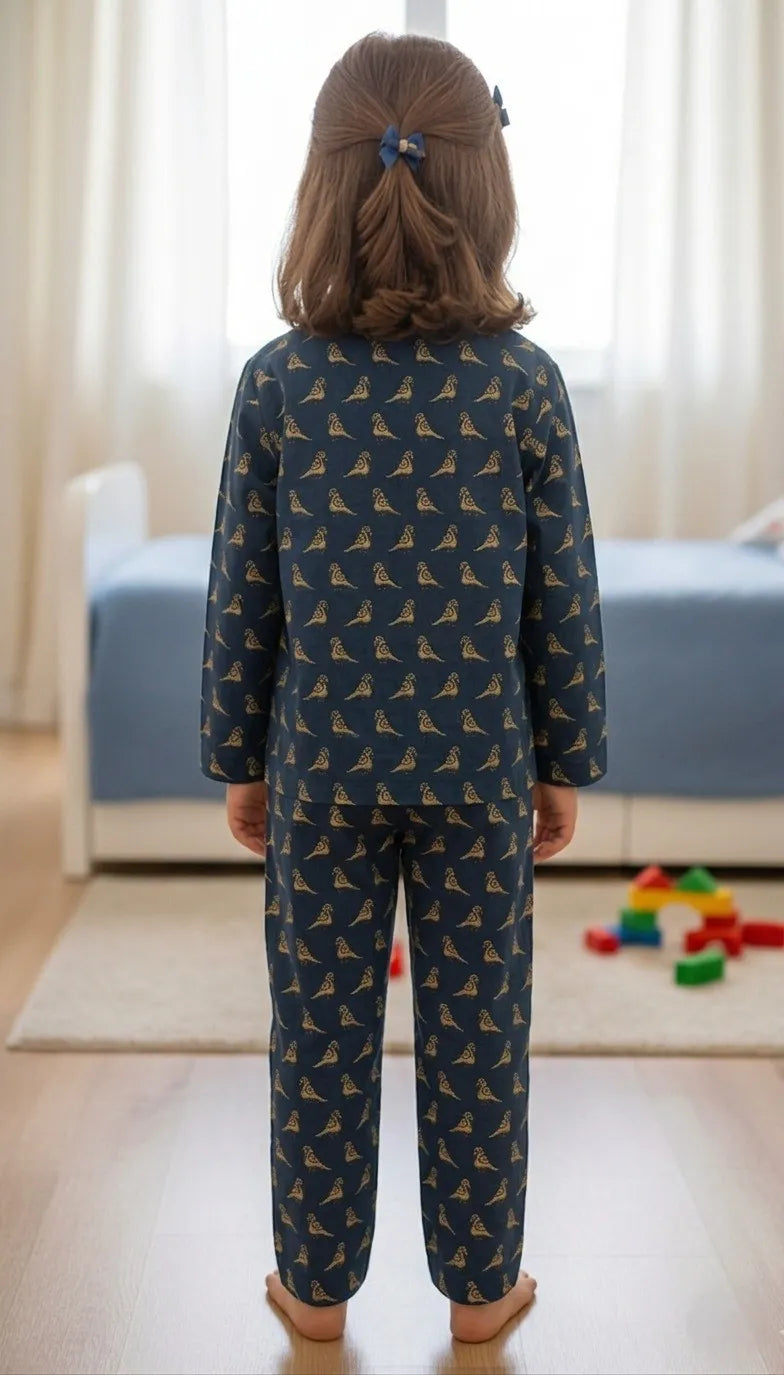 Girls Navy Blue & Bird Print Pure Cotton Night Suit
