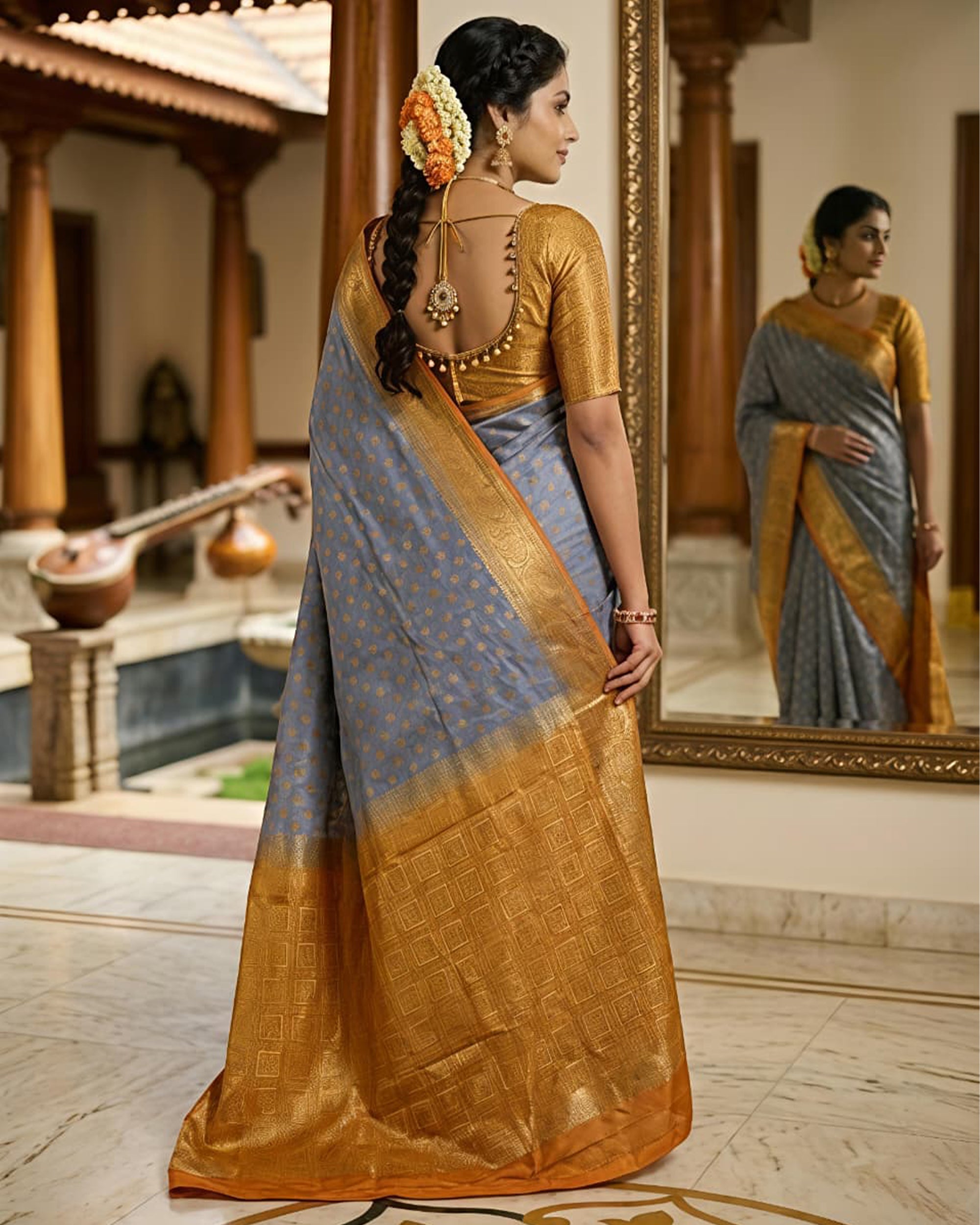 Steel Blue & Gold-Toned Silk Blend Kanjeevaram Style Saree