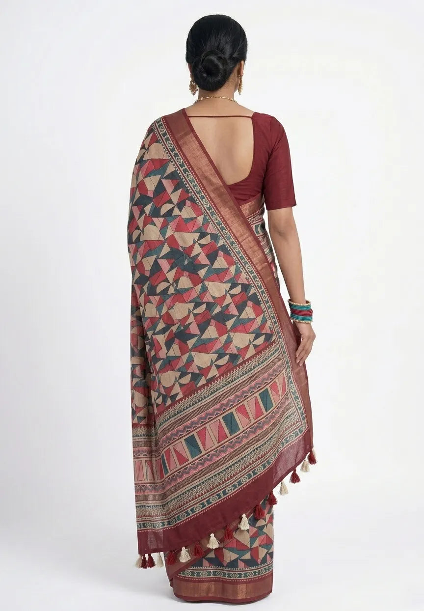 Women Maroon Geometric Printed Silk Blend Saree
