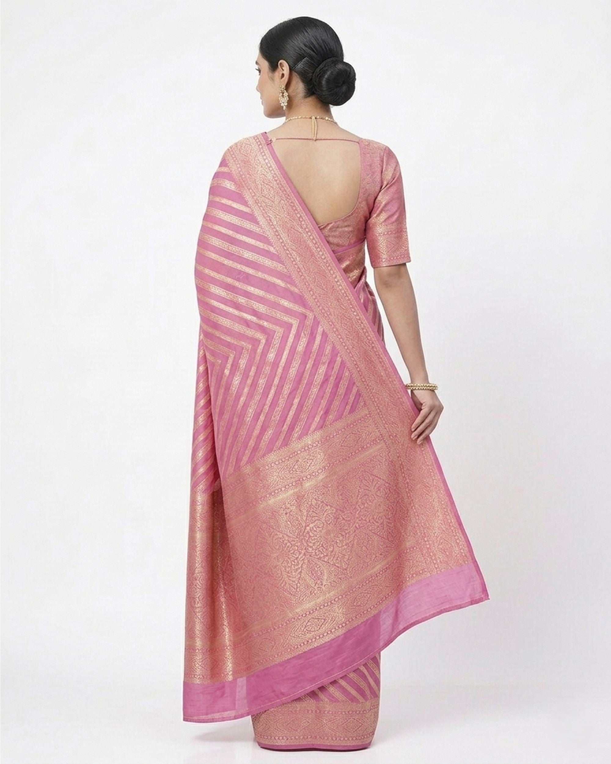 Pink & Gold-Toned Striped Zari Banarasi Silk Saree