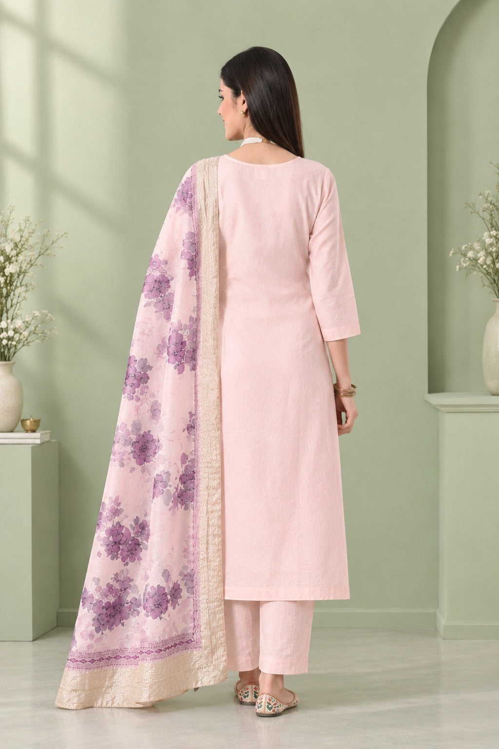 Pink Chanderi Silk Embroidered Suit Set with Organza Dupatta