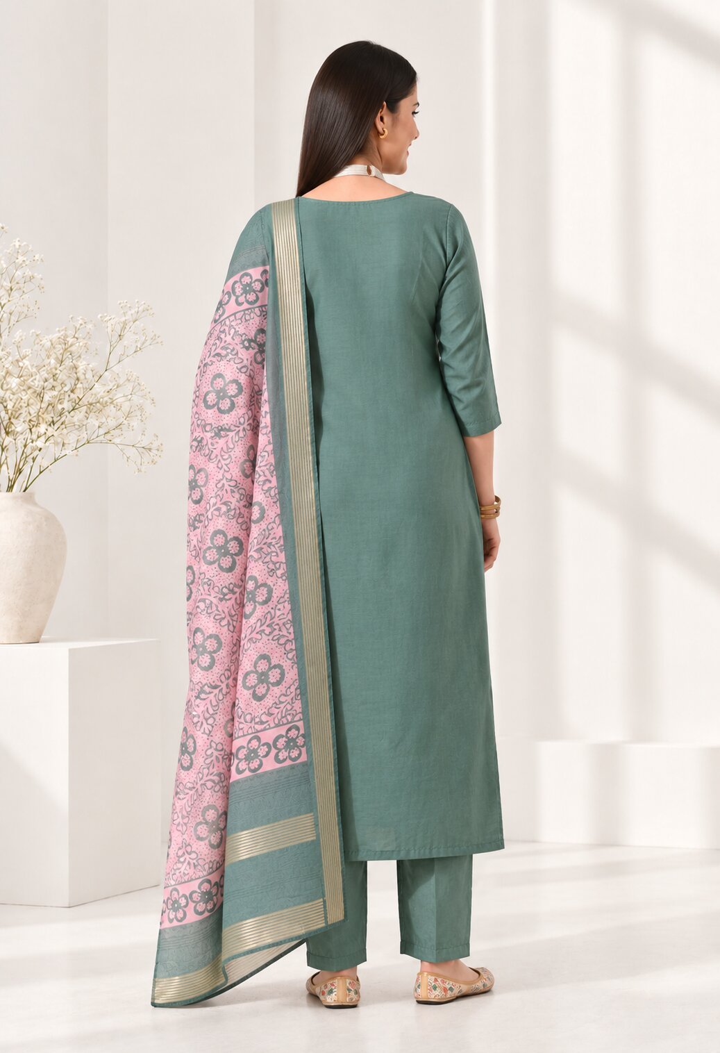 Teal Green Chanderi Silk Suit Set with Pink Printed Dupatta