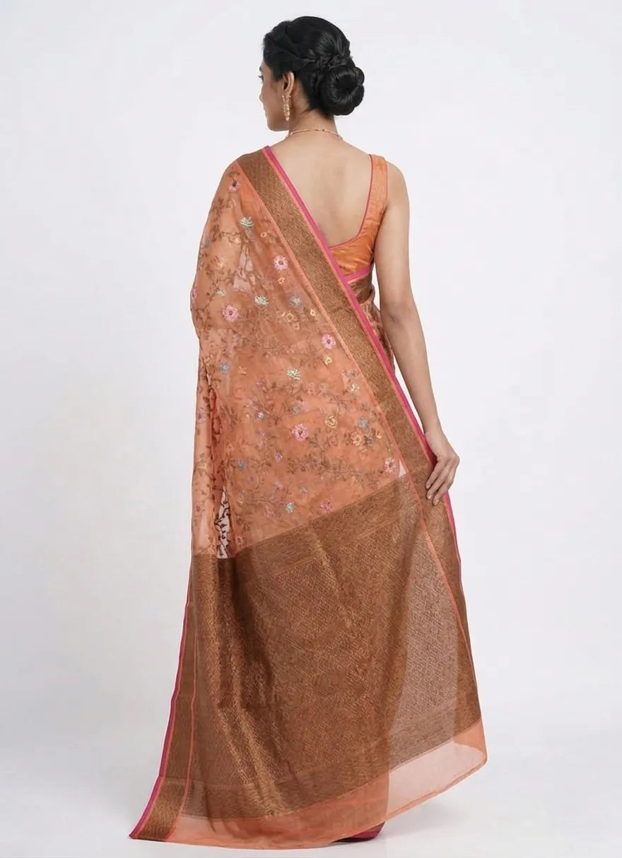 Orange & Bronze Toned Floral Organza Saree with Zari Border