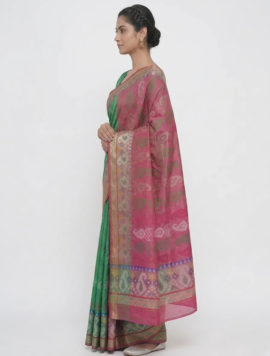 Women Green & Magenta Woven Design Banarasi Art Silk Saree