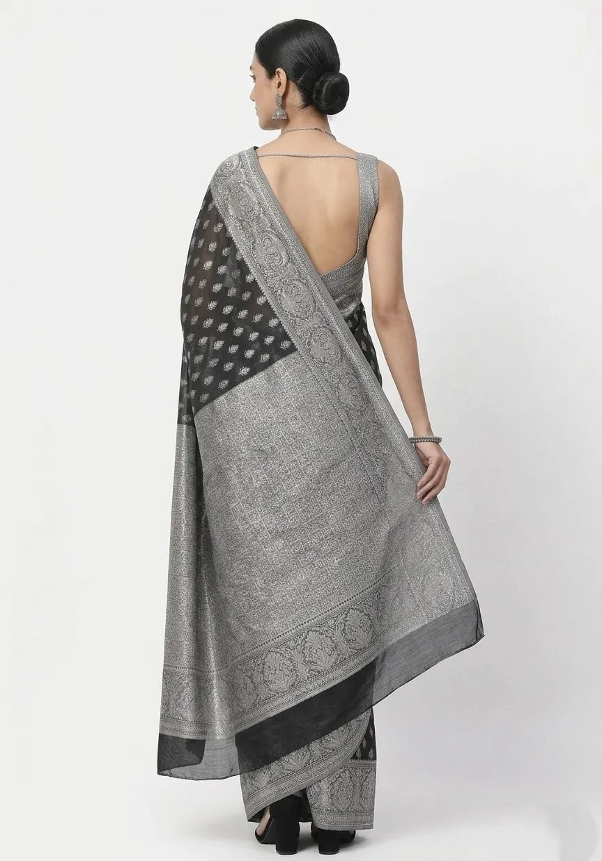 Black & Silver-Toned Woven Design Banarasi Saree with Unstitched Blouse Piece