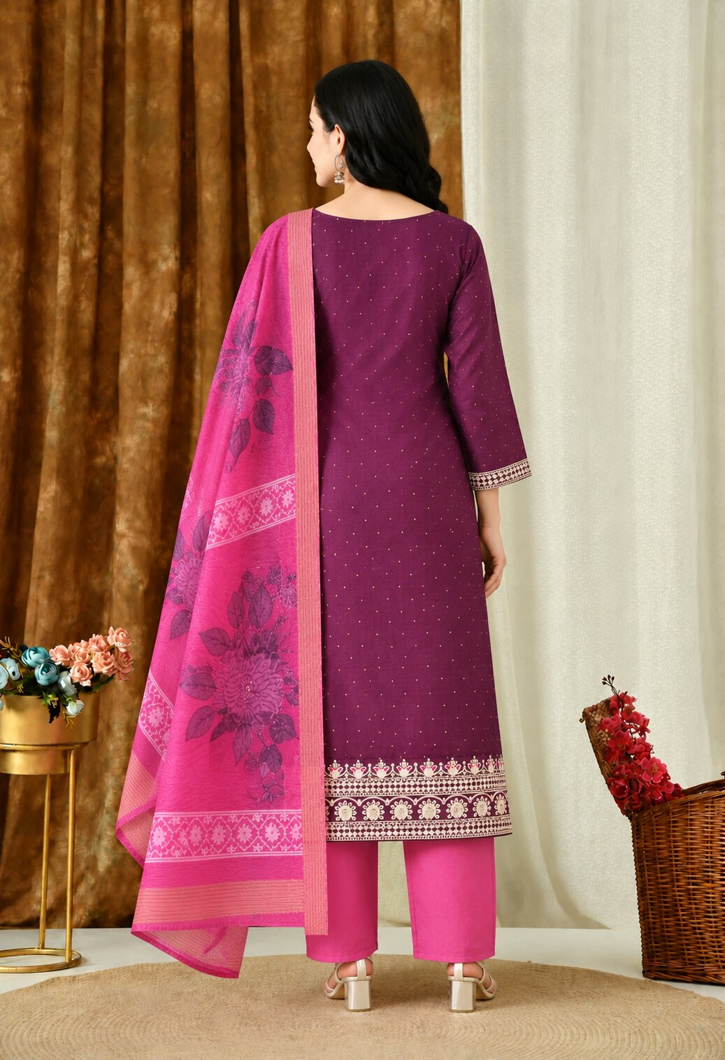 Wine Purple Chanderi Silk Embroidered Suit Set with Pink Organza Dupatta for Women