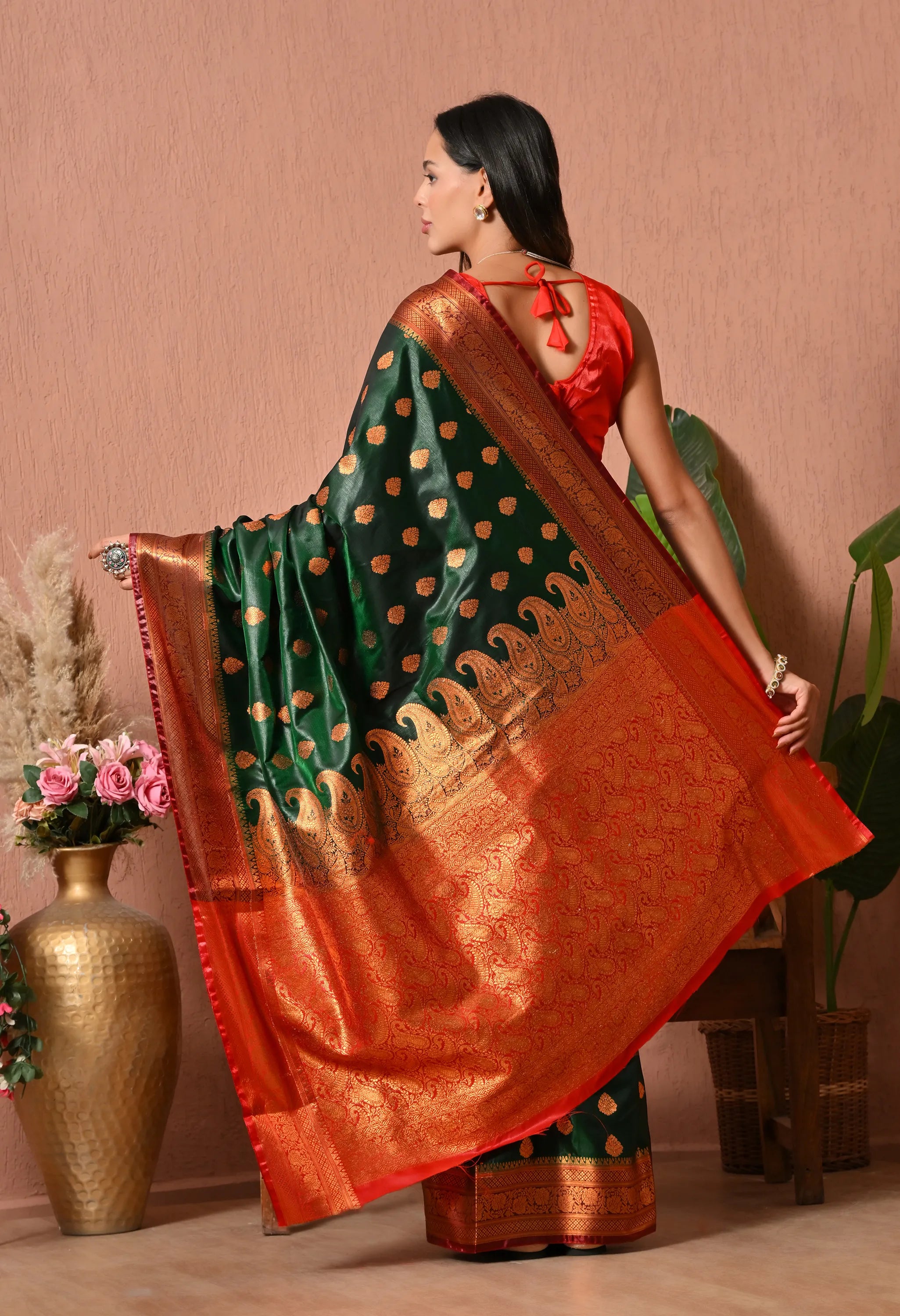 Regal Bottle Green Silk Blend Banarasi Style Saree with Contrast Red Zari Pallu