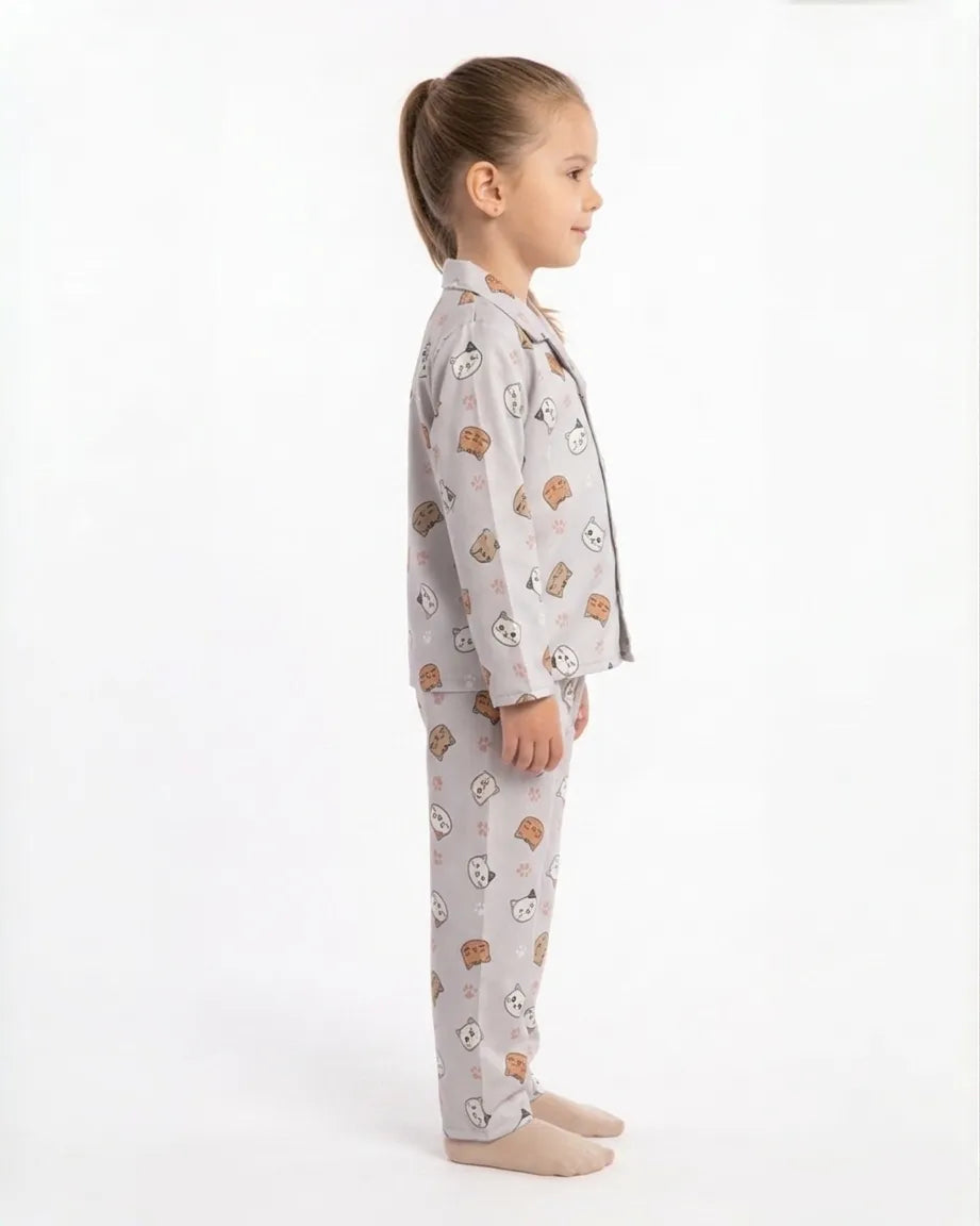 Girls Grey & Orange Cat Printed Satin Night Suit