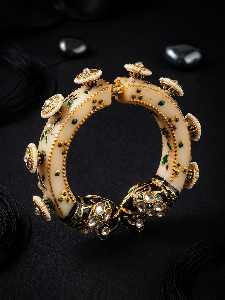 Golden Yellow  & Off-White Peacock Kada with Pearl Droplets