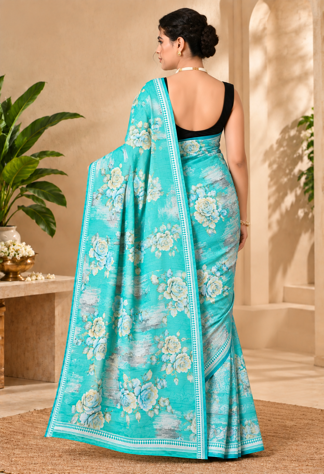 Turquoise Floral Printed Silk Blend Saree