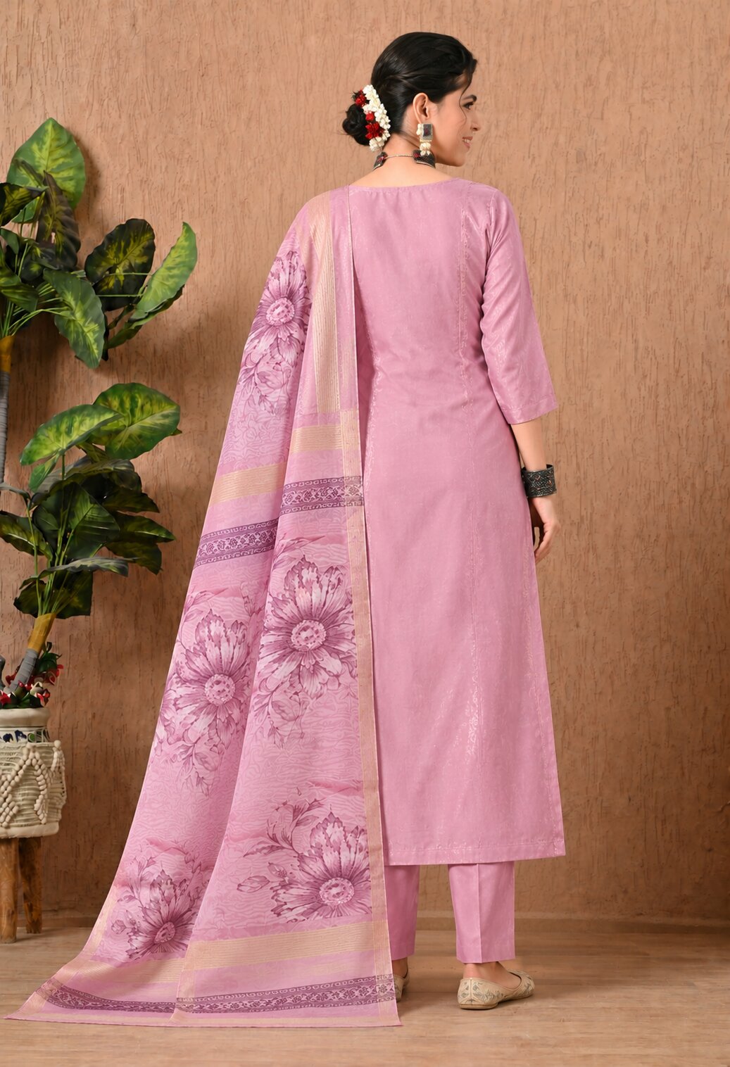 Pink Chanderi Silk Embroidered Straight Suit Set with Organza Dupatta