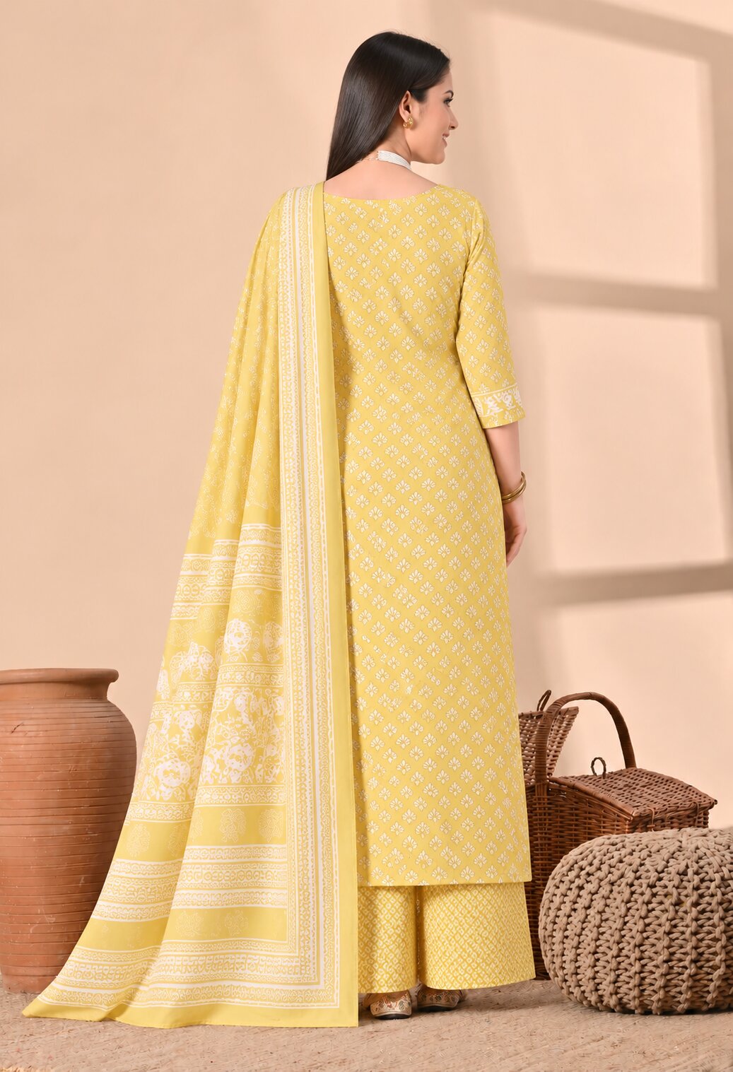 Yellow Cotton Printed Straight Suit Set with Matching Cotton Dupatta