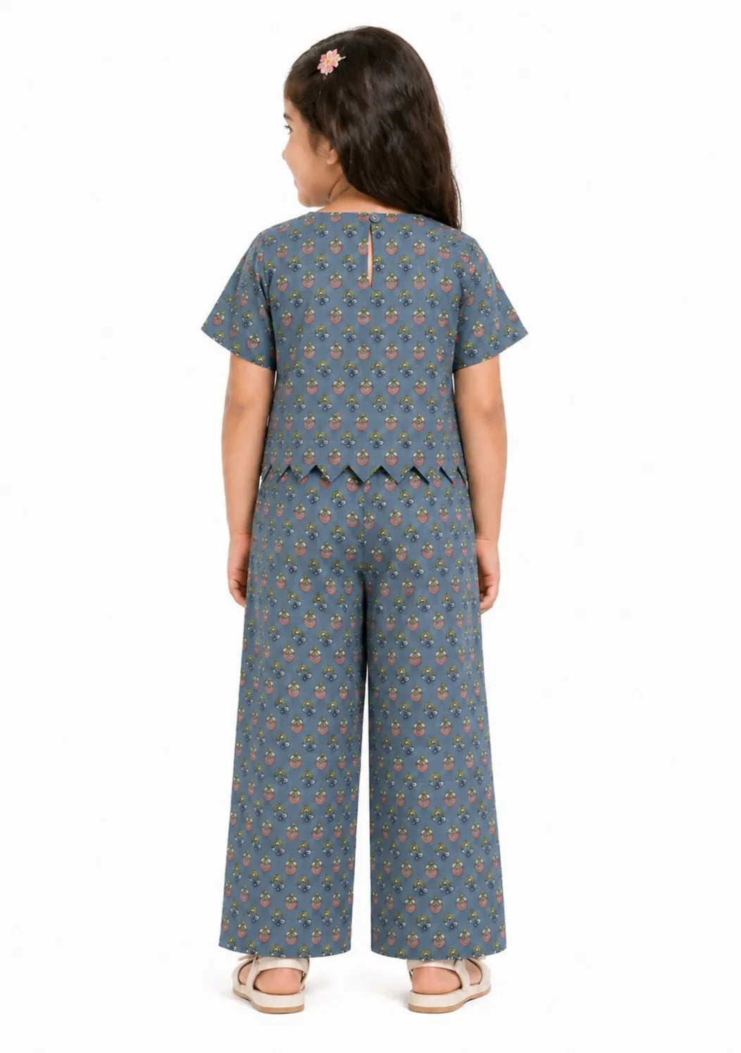 Girls Blue Floral Printed Pure Cotton Scalloped Hem Co-ord Set