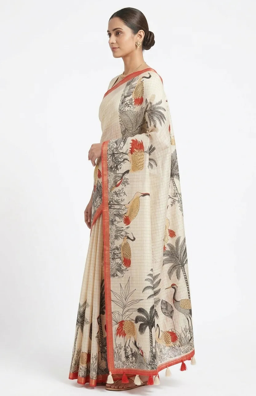 Women White and Red Ethnic Motifs Printed Pure Cotton Saree