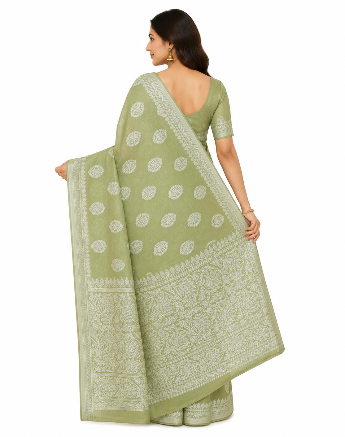 Olive Green & Silver-Toned Polka Dot Woven Design Banarasi Saree with Unstitched Blouse
