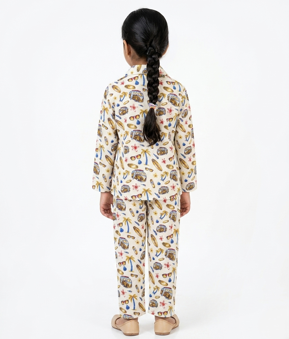Girls Tropical Surf & Camper Print Cotton Night Suit