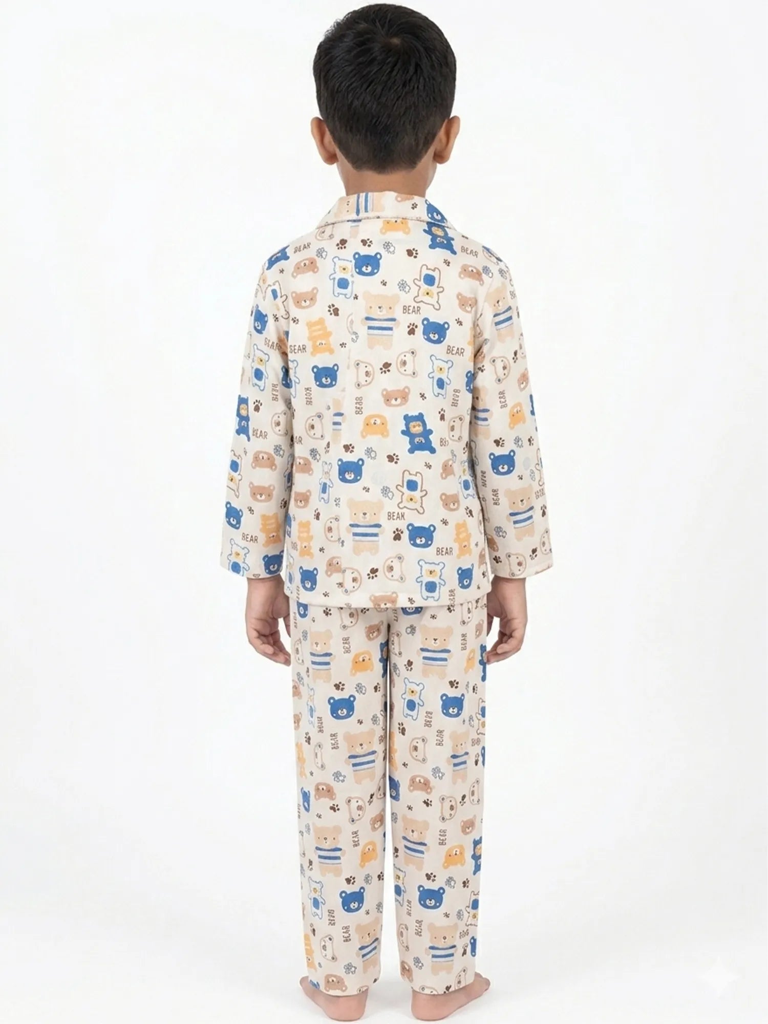 Boys' Bear Print Luxury Satin Night Suit – Full Sleeve Shirt & Pajama Sleepwear Set
