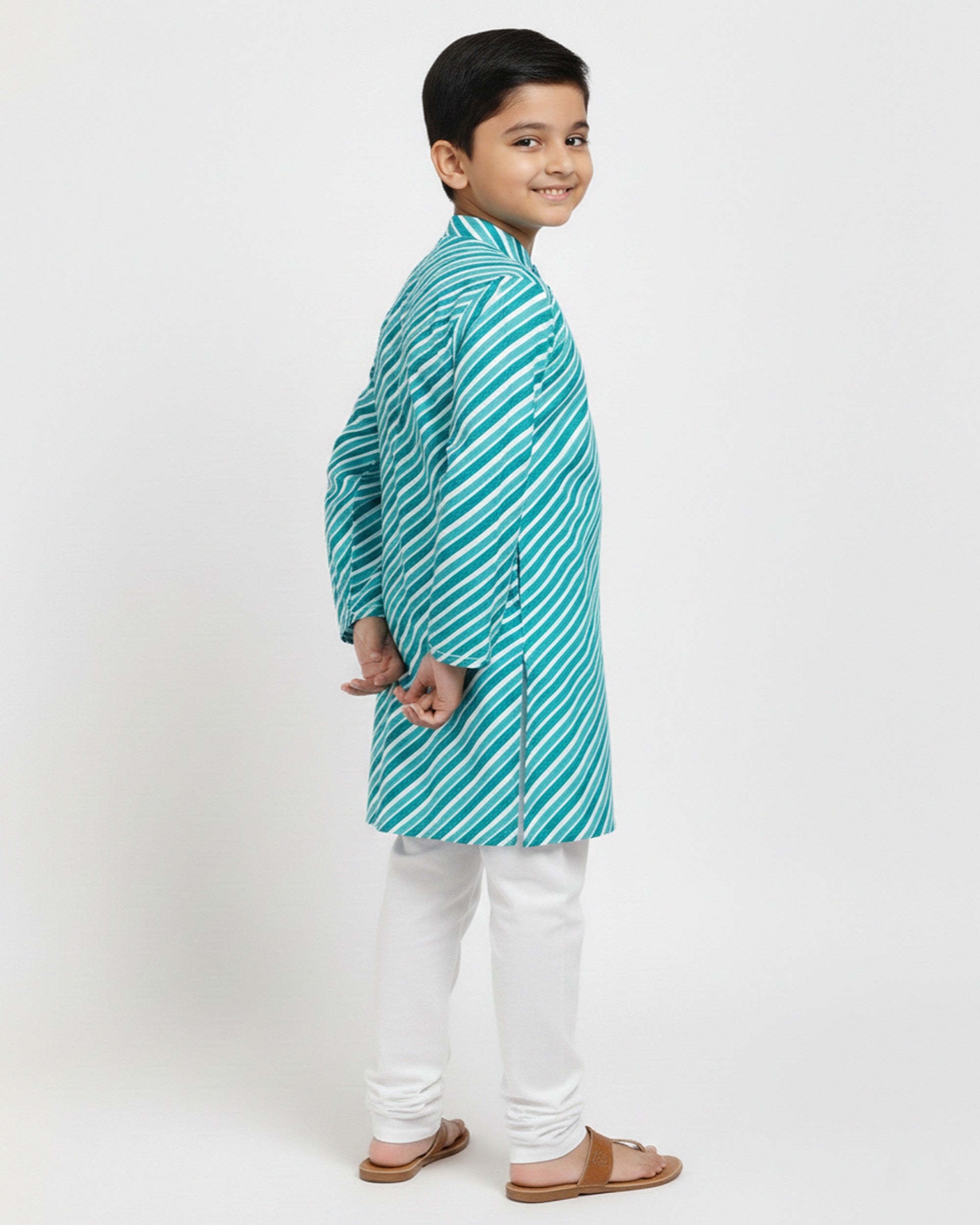 Boys Teal Blue & White Leheriya Printed Pure Cotton Kurta with Pyjamas