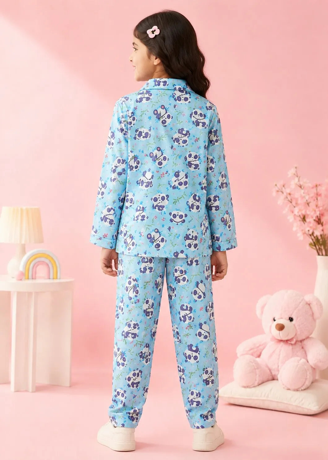 Girls Sky Blue & Purple Panda Printed Satin Nightsuit Set