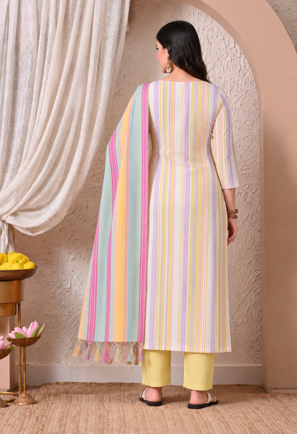 Multicolour Striped Cotton Kurta Set with Matching Dupatta