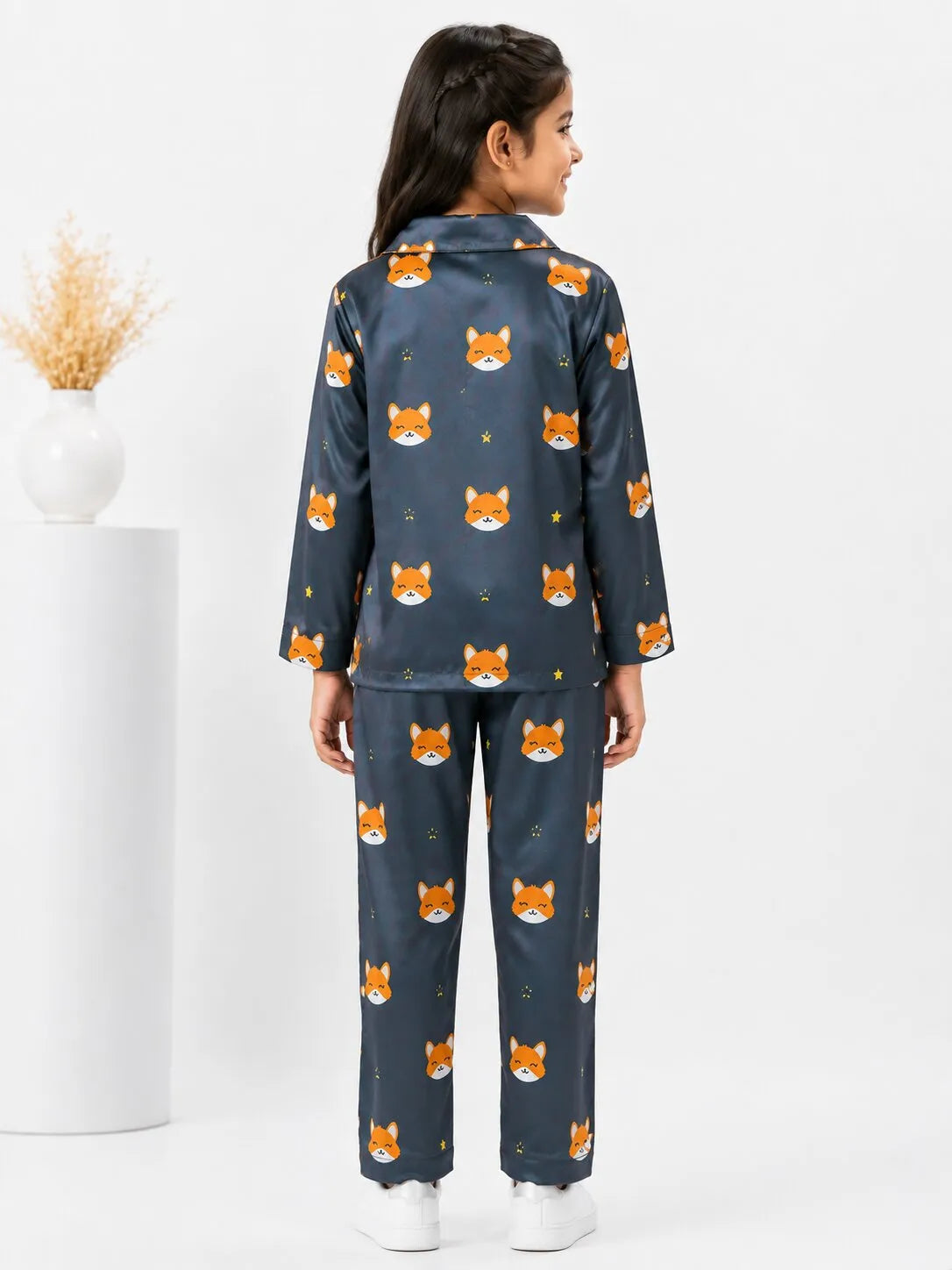Kids Navy Blue Fox Print Satin Pajama Set