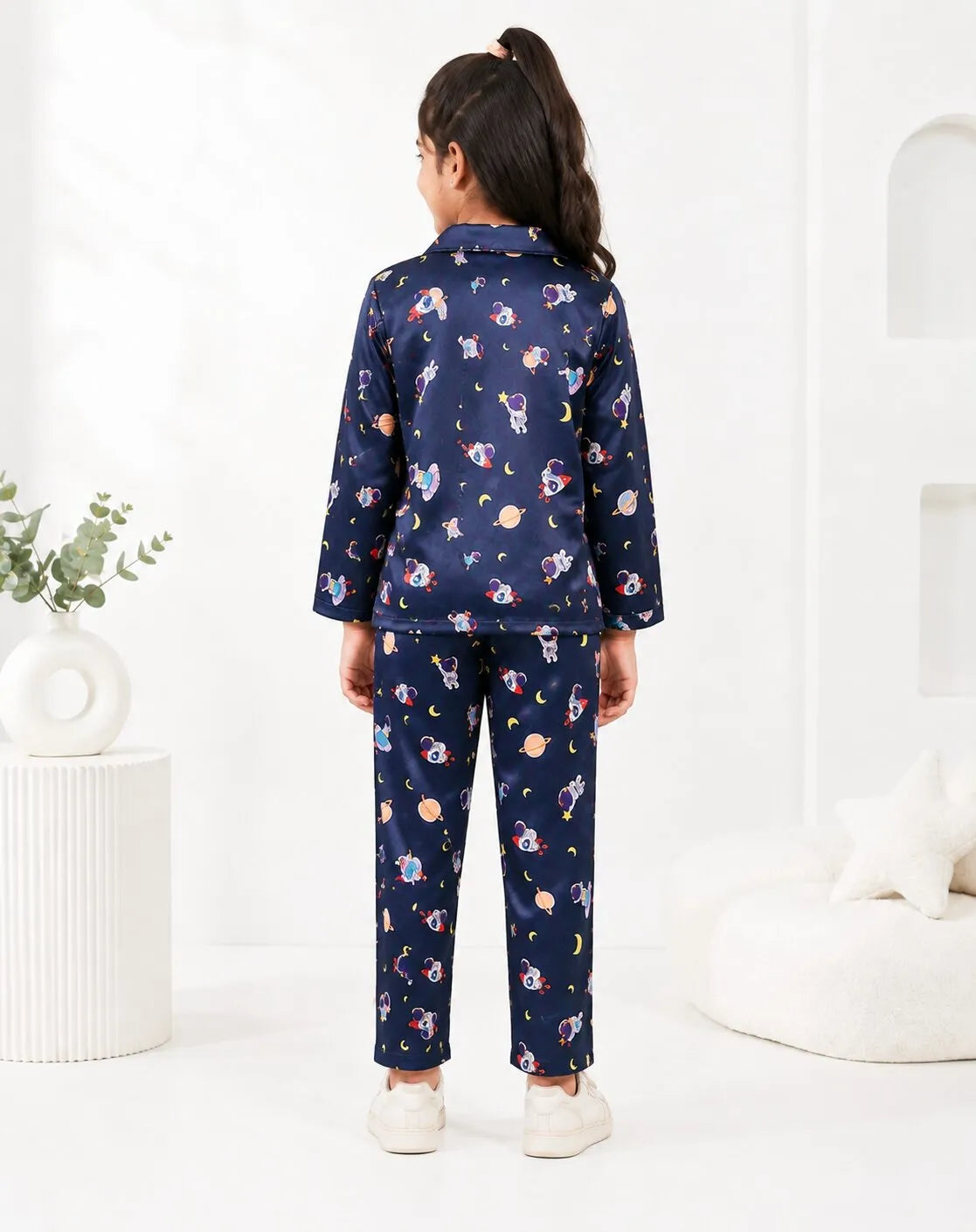 Girls  Navy Blue & Multi Satin Space Print Nightsuit Set
