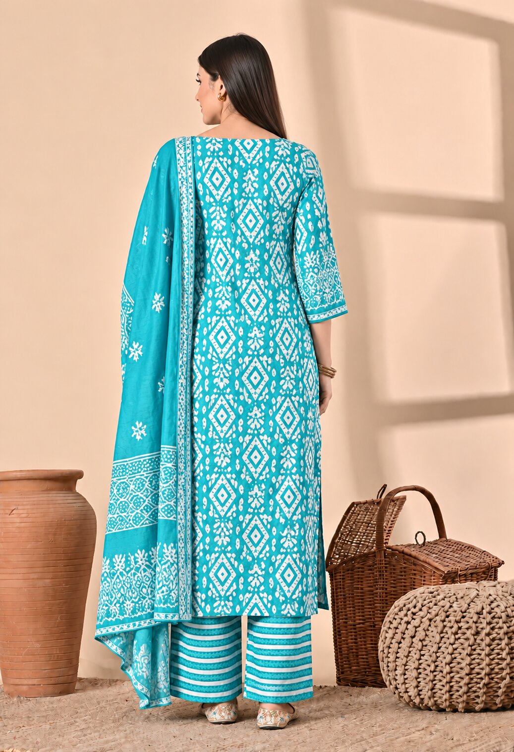 Turquoise Blue Cotton Printed Suit Set with Matching Cotton Dupatta for Women