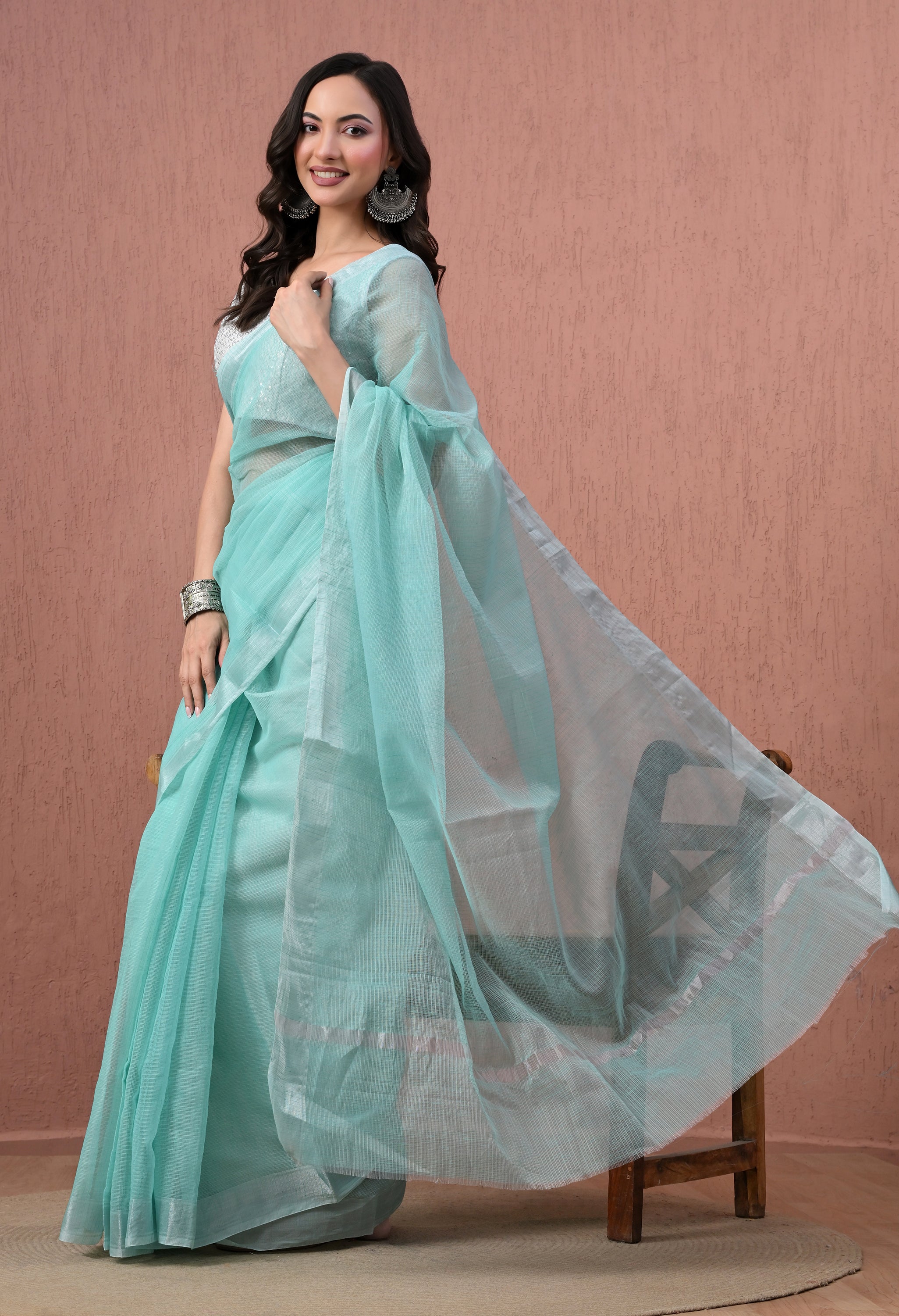Pure Cotton Saree in Sea Green with Silver Zari Border
