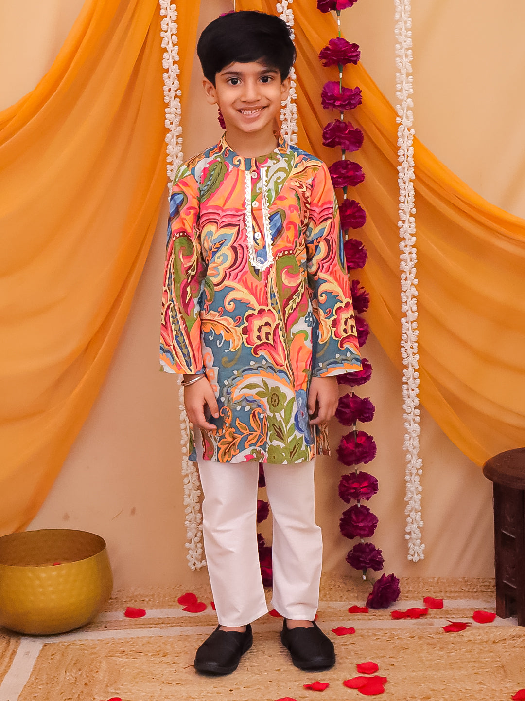 Boys' Cotton Multi-Color Printed Kurta Pajama Set | Ethnic Wear for Festivals, Weddings & Parties | 2-Piece Traditional Outfit