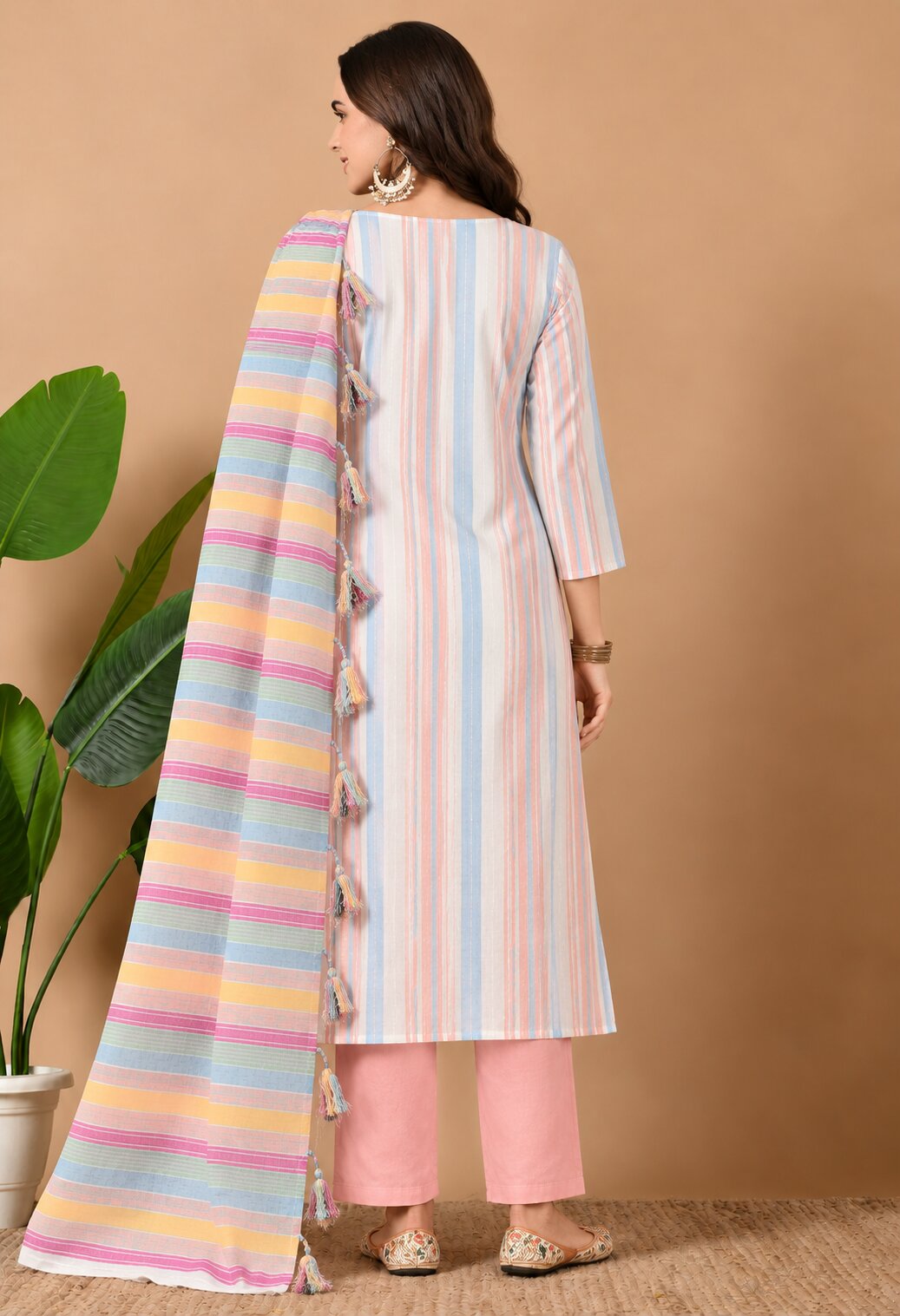 Multicolour Striped Cotton Kurta Set with Pink Pants and Cotton Dupatta for Women