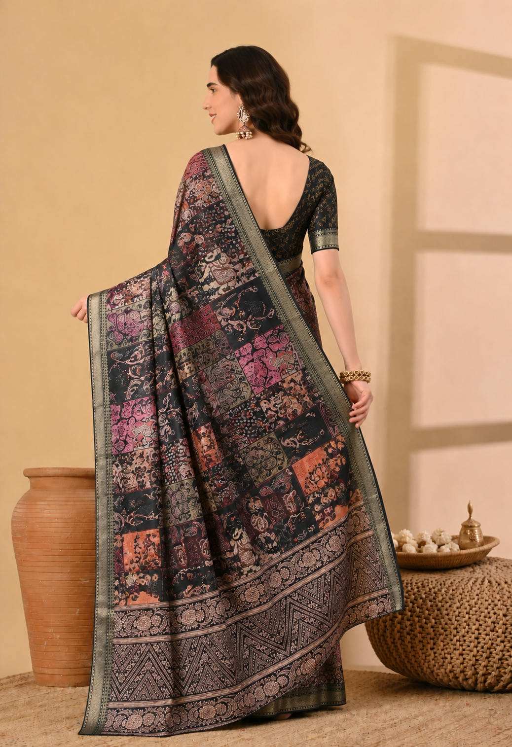 Women Black Printed Georgette Saree with Ethnic Kalamkari-Inspired Motifs