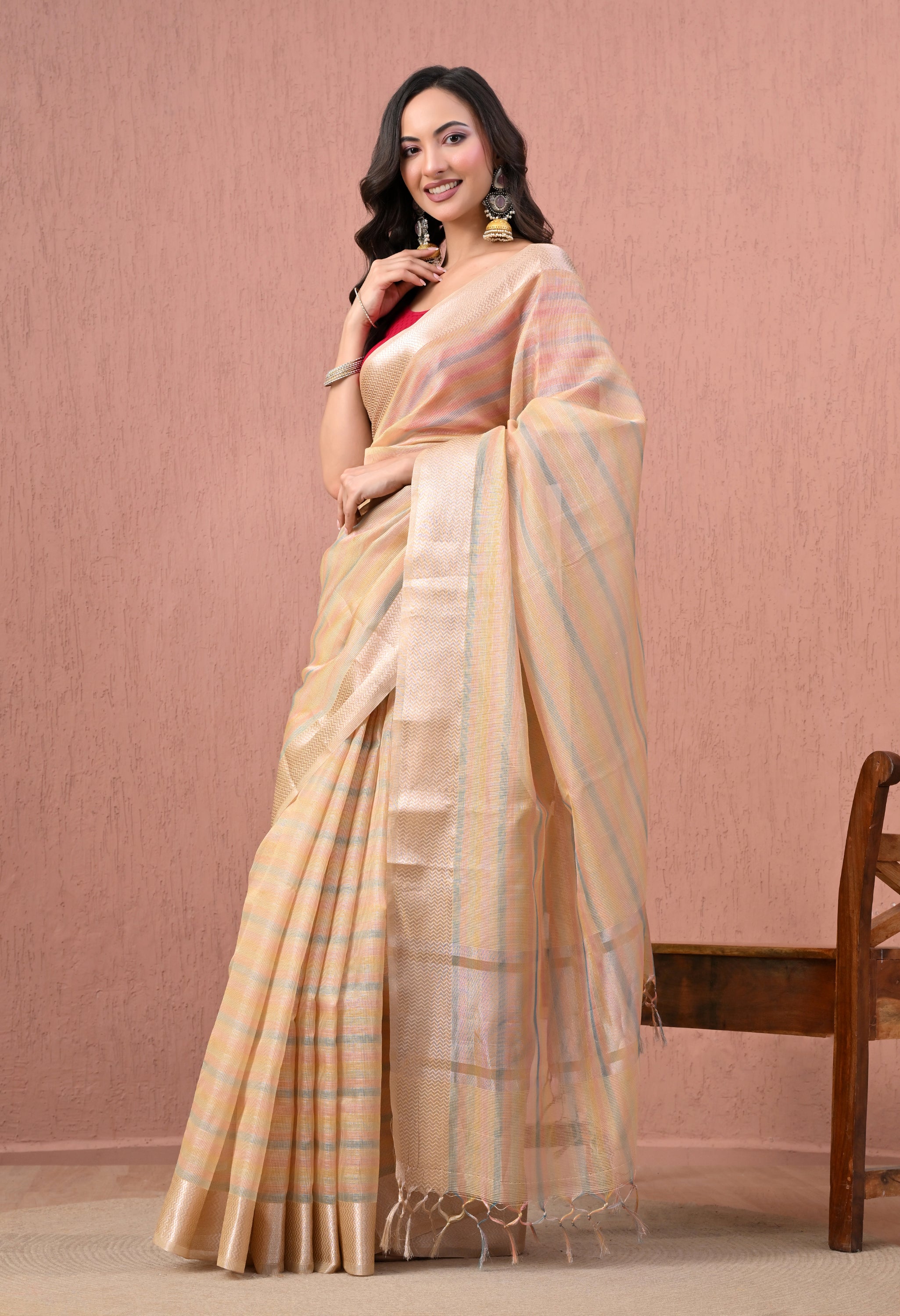 Elegant Pastel Beige  Striped Pure Cotton Saree with Zari Border
