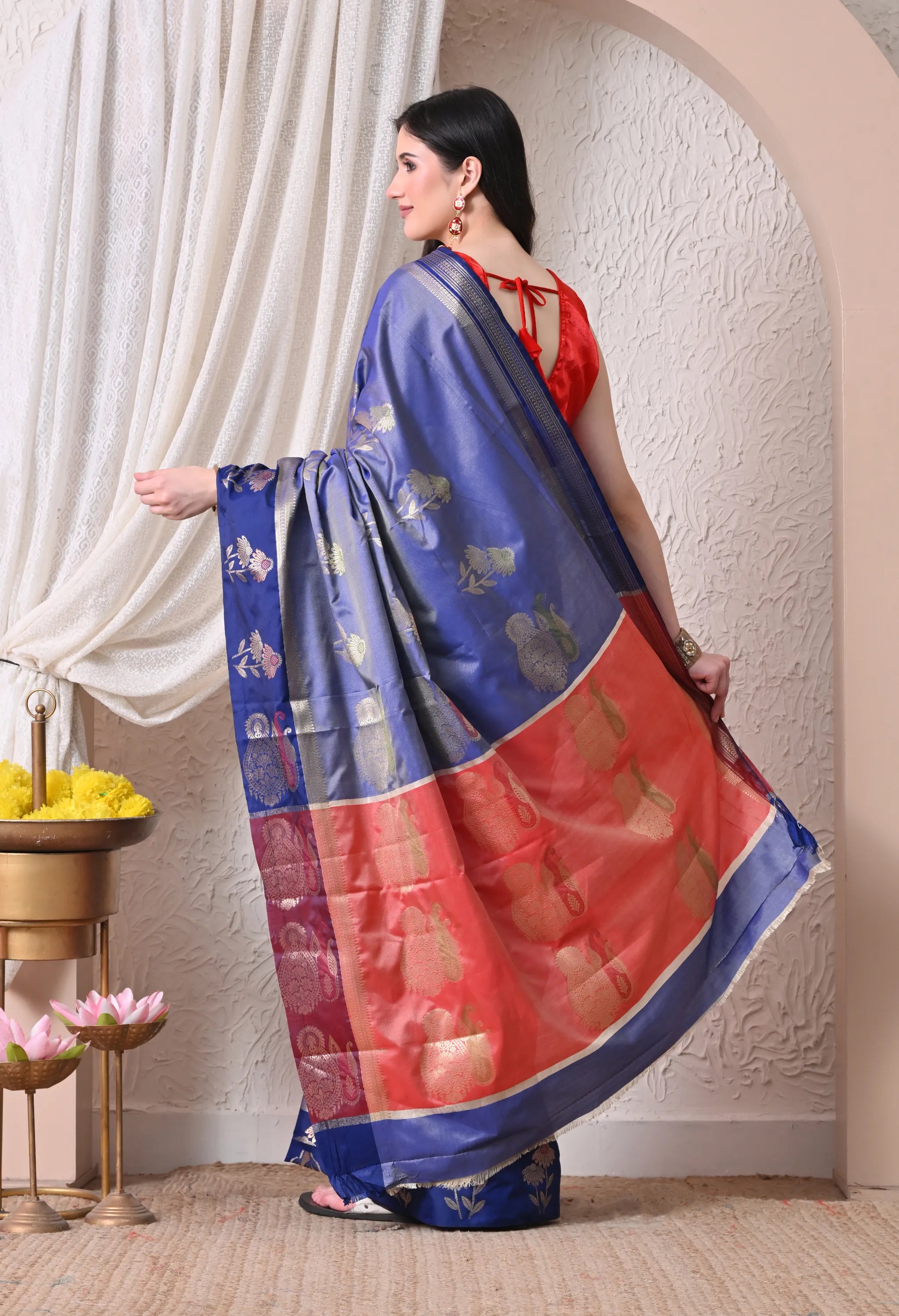 Regal Royal Blue and Navy Silk Blend Floral Banarasi Style Saree