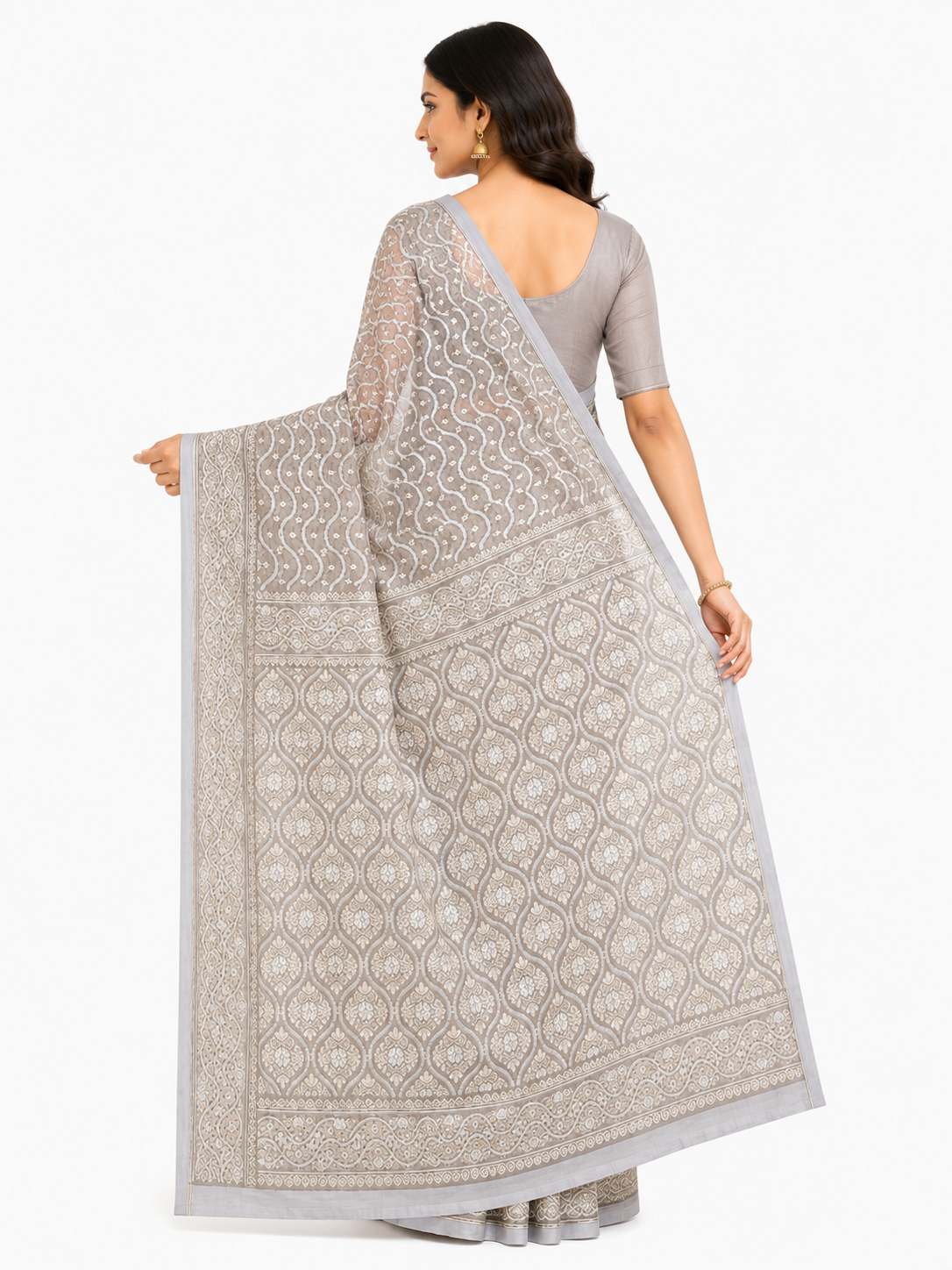Grey & Gold-Toned Woven Design Banarasi Silk Saree with Unstitched Blouse Piece