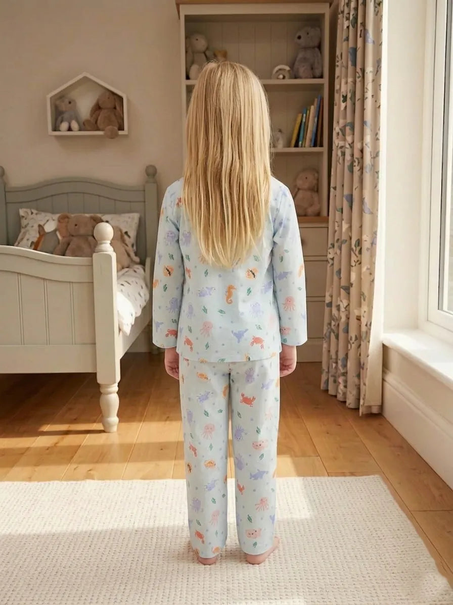 Kids Blue Sea-Life Printed Satin Long-Sleeved Nightsuit