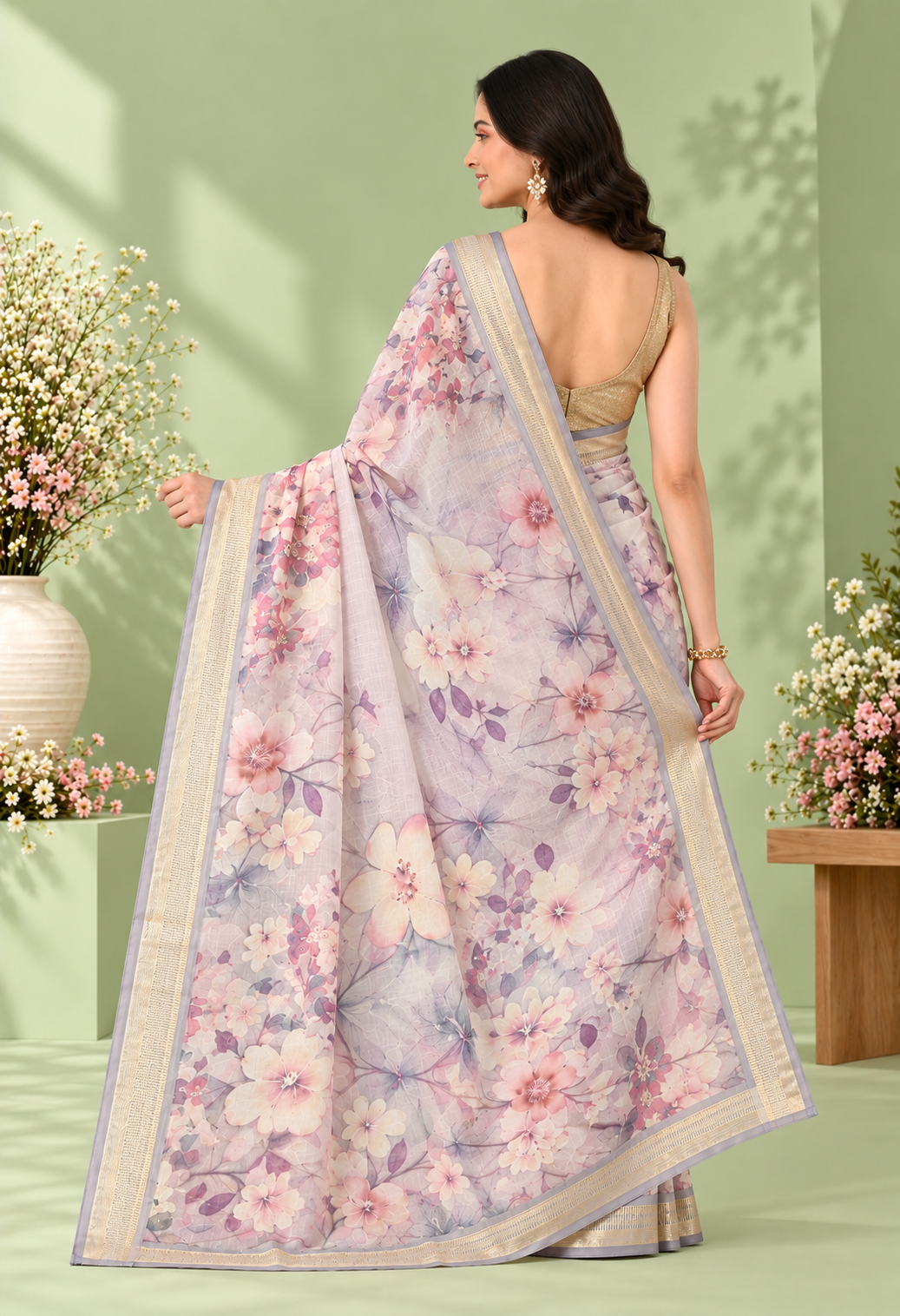 Elegant Ivory Floral Printed Saree with Soft Pastel Border