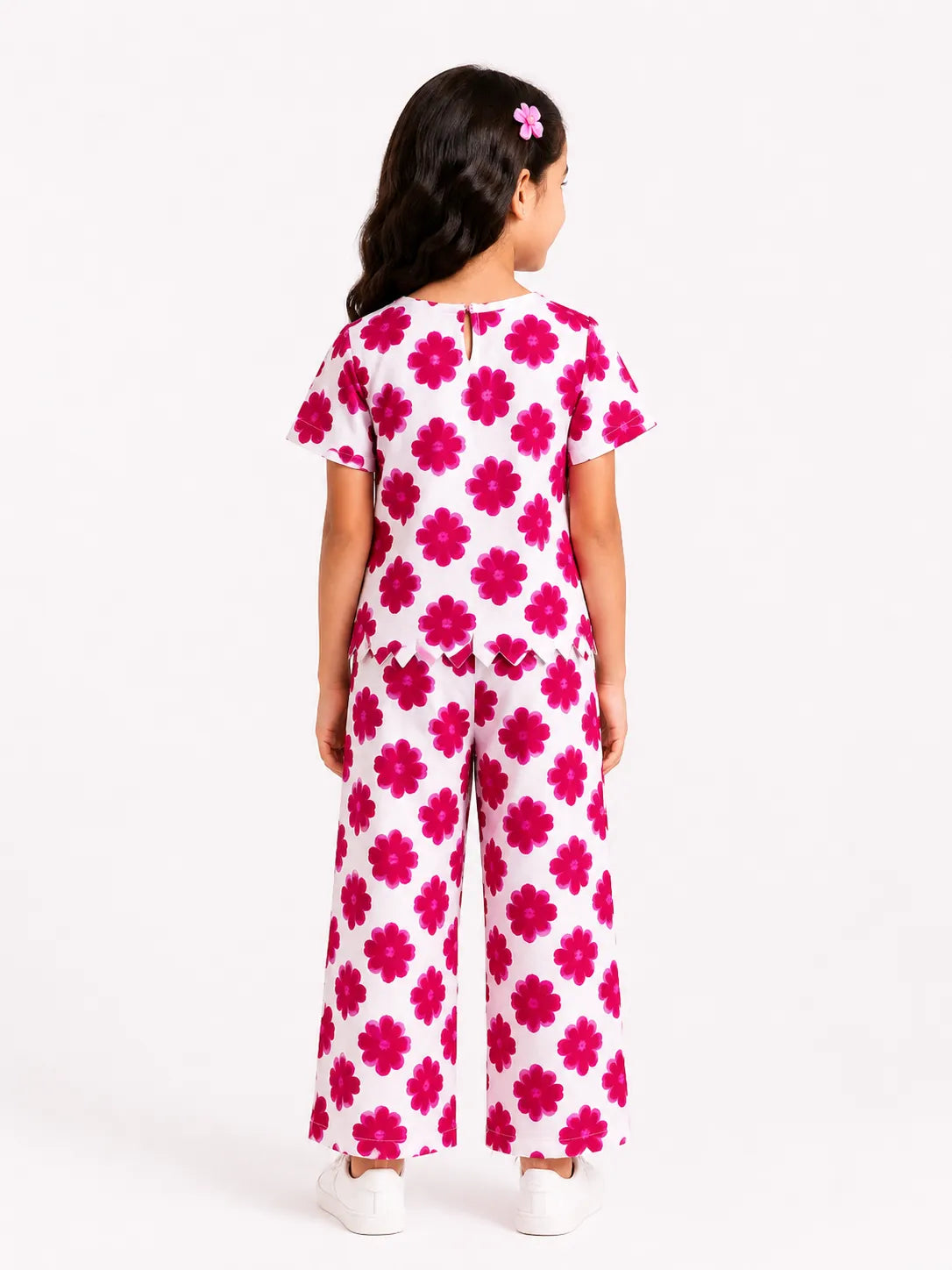 Girls Pink Floral Print Co-ord Set Scallop Hem V-Neck Top & Wide-Leg Trousers