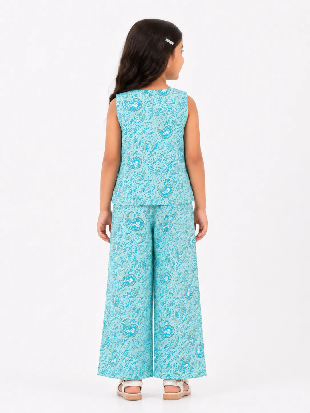 Girls Aqua Blue Paisley Printed V-Neck Sleeveless Vest & Wide-Leg Co-Ord Set