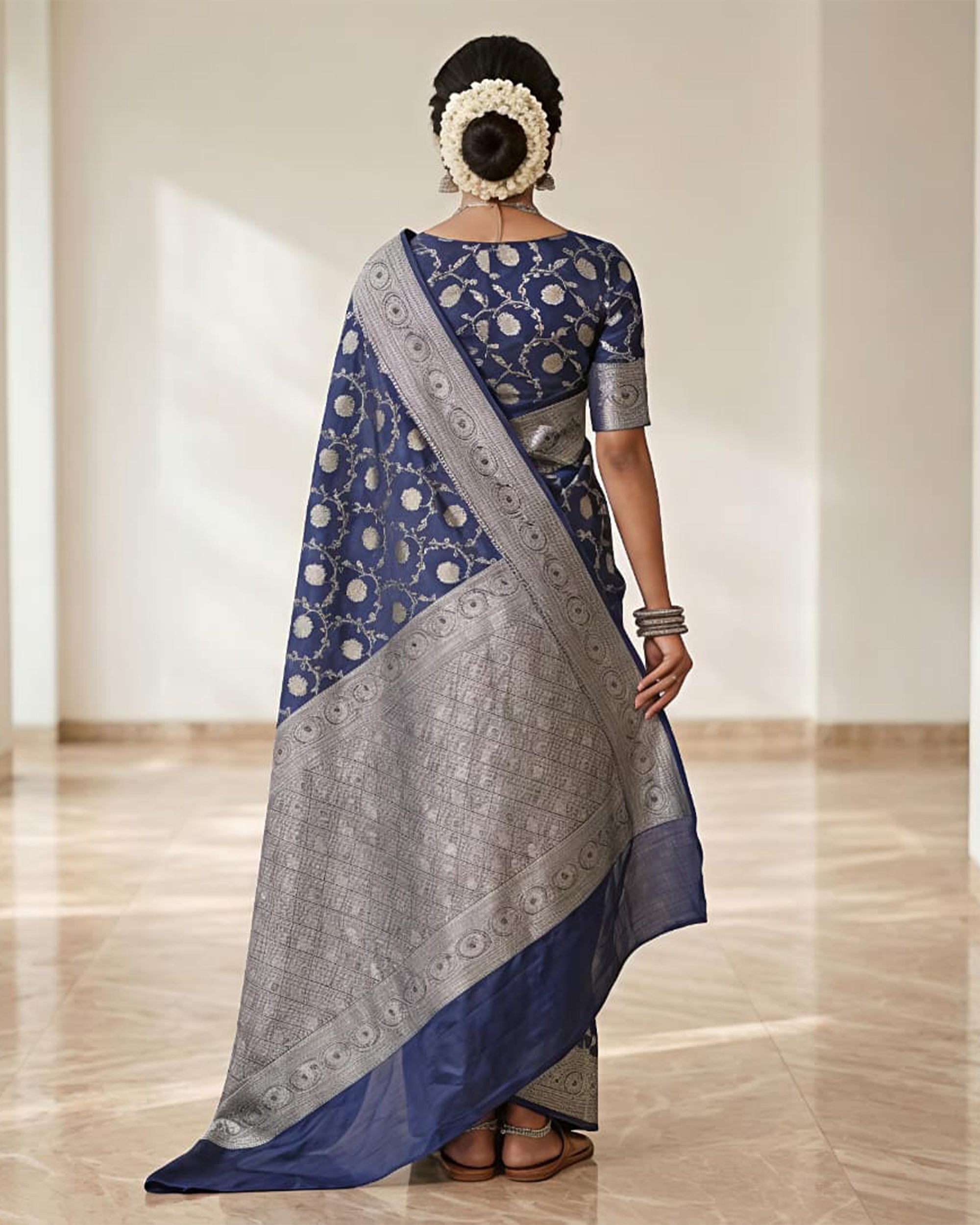 Navy Blue & Silver-Toned Silk Blend Woven Design Banarasi Saree