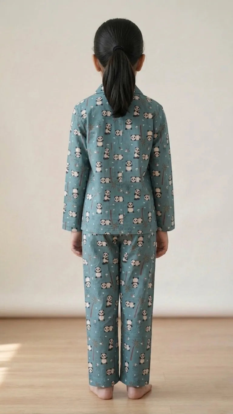 Girls Blue Panda Printed Satin Night Suit